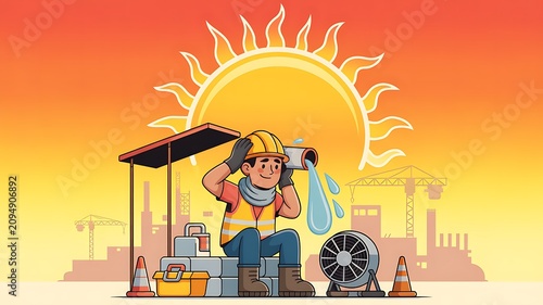 Construction worker cooling off with water in hot summer sun