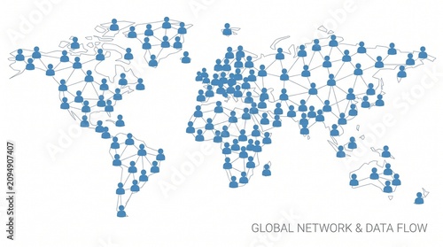 Blue icons representing people connected across a world map showing global communication and digital networking