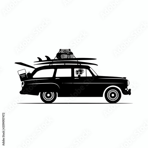 Billede på lærred Black car with surfboard and luggage on roof rack with against white background