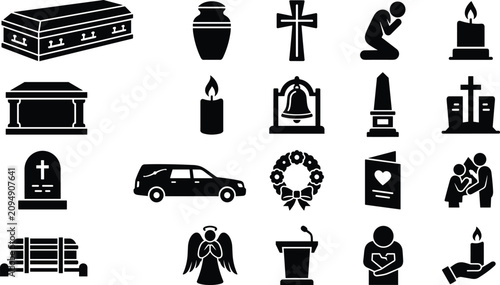 Black Funeral Ceremony and Memorial Service Silhouette Vector Icon Set Featuring Wooden Coffin Casket Hearse Car Gravestone Cremation Urn Angel and Mourning Figures