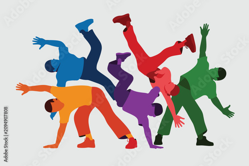 Fotografía Group of young people dancing breakdance, hip hop, street dance, silhouettes in