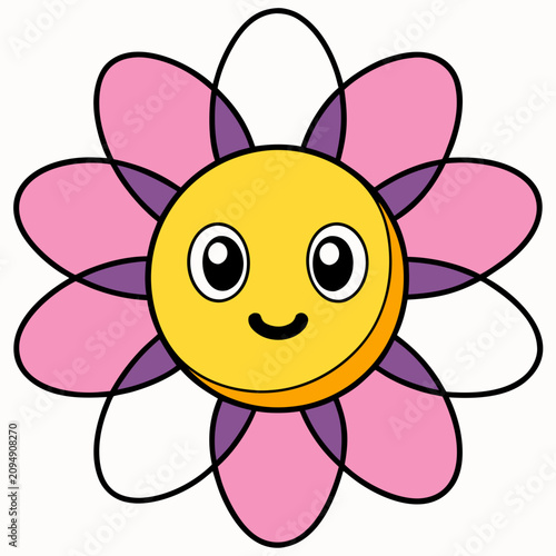 Smiling kawaii flower character with big eyes and pastel petals in playful vector illustration