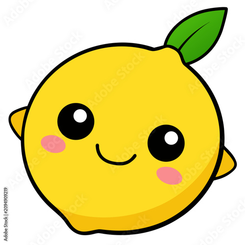 Smiling kawaii lemon character illustration with cheerful expression and green leaf