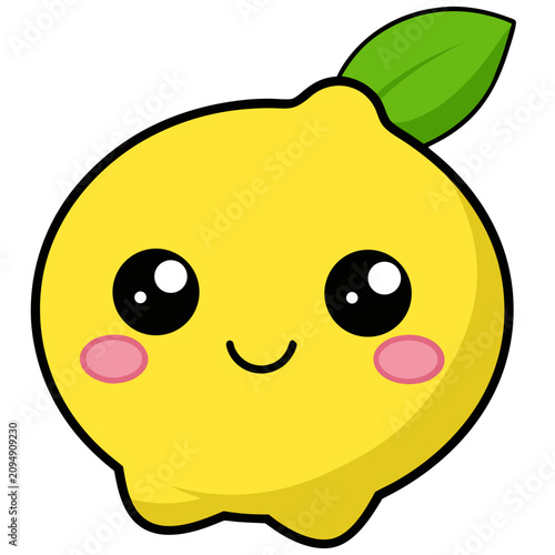 Smiling kawaii lemon character illustration with bright yellow color and green leaf on white background