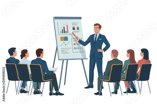 Business presentation in office, professional man pointing at flipchart with charts and graphs