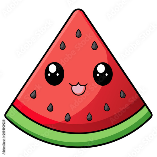 Cute smiling watermelon slice vector illustration with kawaii face and fresh green rind