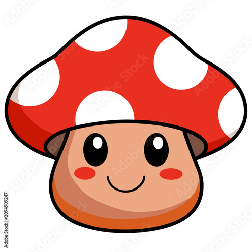 Cute smiling kawaii mushroom character with red cap in flat vector illustration style
