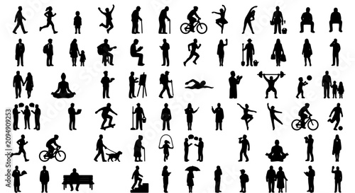 Diverse Human Silhouette Collection, 75 Figures in Action, Black and White Vector Icons for Lifestyle, Sports, and Business Concepts