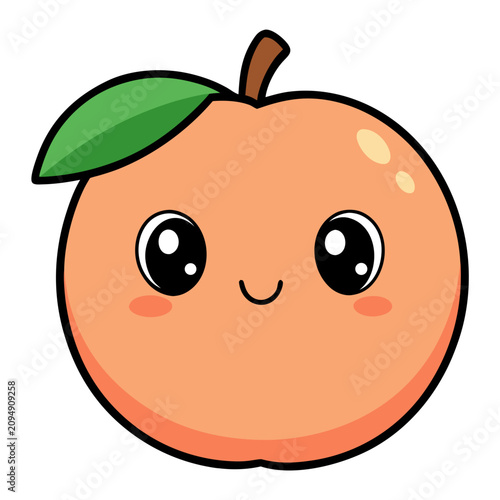 Smiling kawaii peach fruit character with happy face and green leaf in flat design illustration