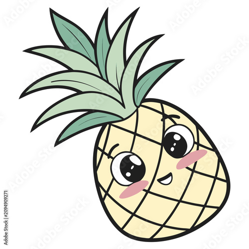 Smiling kawaii pineapple character illustration with vibrant green leaves on white background