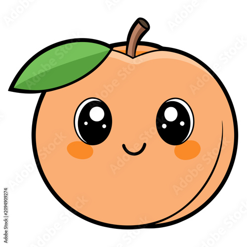 Smiling kawaii peach fruit character with blush in flat vector illustration style