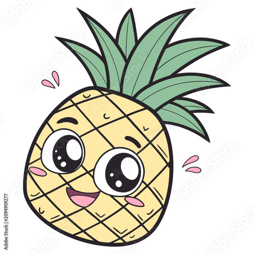 Smiling kawaii pineapple character illustration with happy expression and green leaves on white background