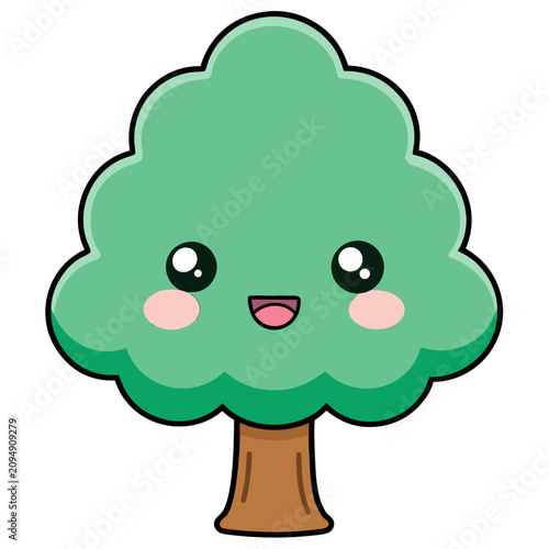 Smiling cute kawaii tree character with happy face in flat vector illustration style
