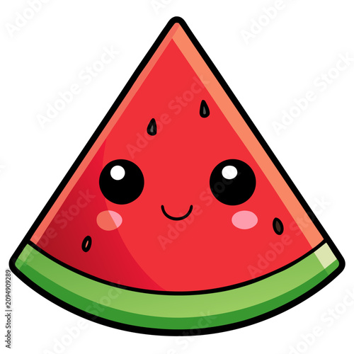 Cute kawaii watermelon slice character smiling with happy face on green rind background