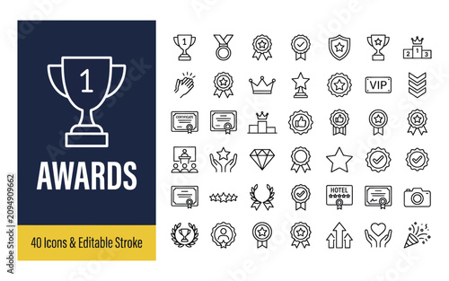 Foto Awards, trophy, and achievement line icon set