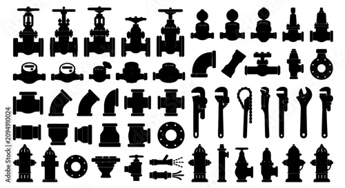 Industrial Plumbing Fixtures and Tools Vector Icons Set, Black Silhouettes of Valves, Pipes, Hydrants, Wrenches, and Connectors for Engineering and Construction Projects