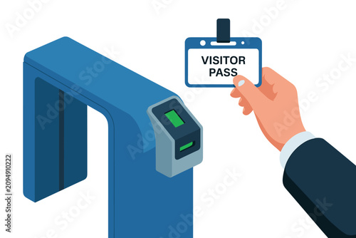 Фотография Hand holding a visitor pass near an electronic turnstile access control system