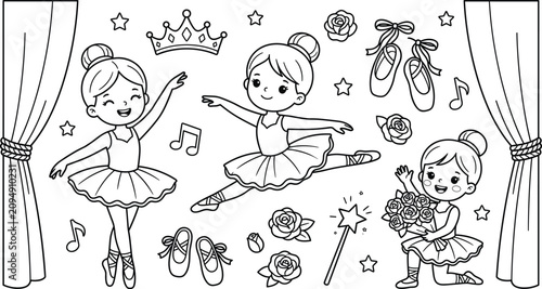 Cute Ballerina Girls with Ballet Shoes Crown Roses Magic Wand and Stage Curtains Black Outline Coloring Page Vector Collection