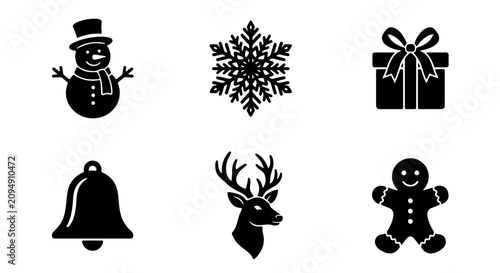 Obraz na plátne Christmas icon set with black silhouettes, winter holiday symbols including snow