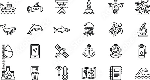 Foto Marine biology vector icon set with deep sea ocean exploration submarines resear