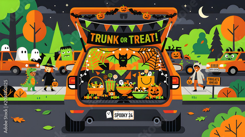 Trunk or Treat Halloween community event with decorated car trunk vector