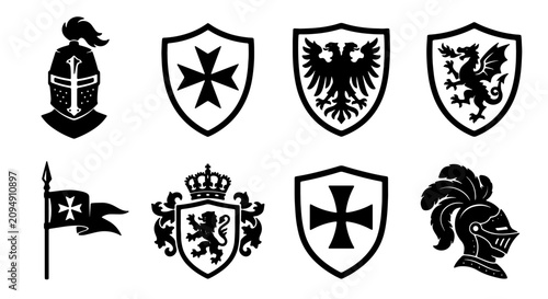 Fotografija Medieval Heraldry Icons, Knights Helmets, Shields, Crests, and Banners Vector Se