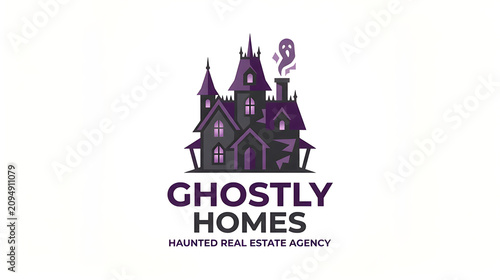Ghostly Homes haunted real estate agency mansion logo design vector illustration