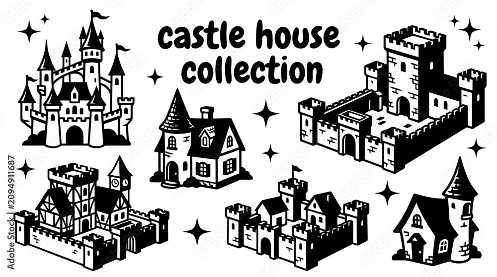 Naklejka premium castle inspired houses featuring turret homes stone manor residences medieval revival villas fortified estates and fantasy architectural styles arranged as a collection vector illustration set
