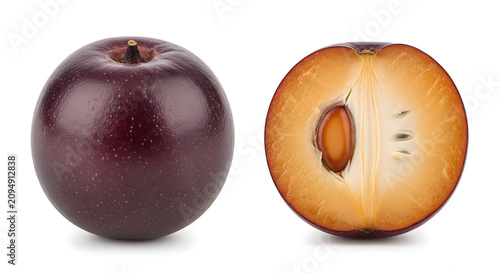 Fresh whole and halved star apple. Purple cainito fruit isolated. Tropical exotic food ingredient.
