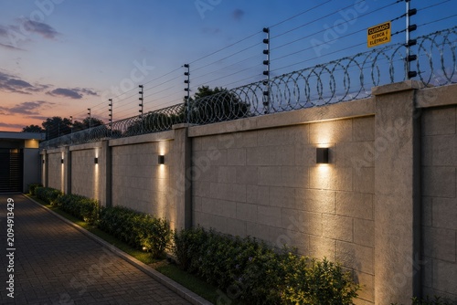 Residential wall with electric fencing and exterior security lighting at dusk.