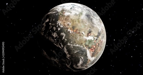 3D conceptual animation of polluted and burning planet Earth rotating in space