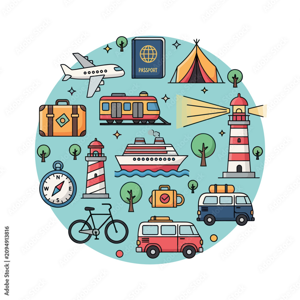 Naklejka premium Travel and Vacation Icons: Airplane, Cruise Ship, Train, Bus, Lighthouse, Tent, Bike