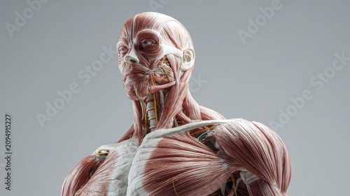 Anatomical illustration of a human male torso and head muscular system
