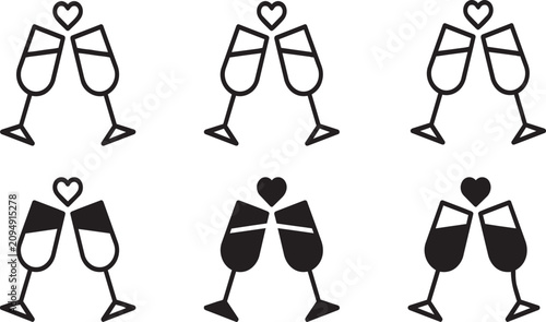Bild auf Leinwand Minimalist vector graphic set featuring six champagne flute glasses clinking tog