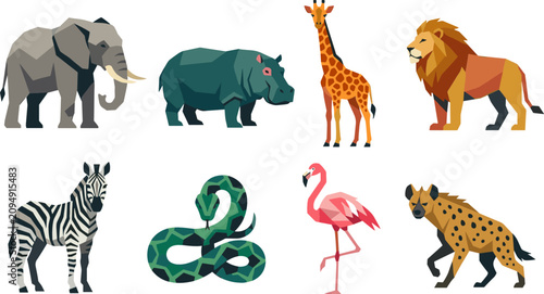 Foto Geometric Low Poly African Wild Animals Vector Illustration Set Featuring Elepha
