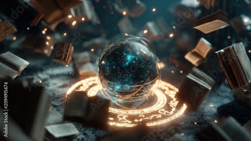 Glowing blue crystal sphere surrounded by floating metallic blocks in a dark futuristic environment with neon lights.