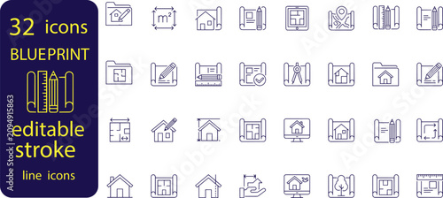 Blueprint Outline Icon Set, Architecture, Construction, Engineering, Design, Planning, Editable Stroke, Vector Icon Collection