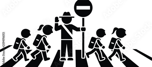Photos Black silhouette of school crossing guard, helping students cross street on pede