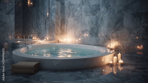 A serene bathroom scene with a large round bathtub filled with water and surrounded by lit candles on a marble floor and walls.