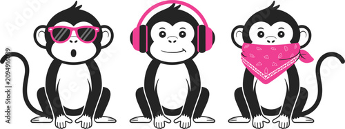 Photography Three wise monkeys modern cartoon concept with pink sunglasses, headphones and b