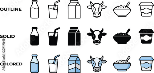 Set of dairy product icons featuring milk cartons bottles cow heads and cereal bowls as a flat vector on transparent background