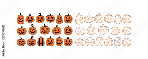 Halloween pumpkin jack-o-lantern faces set. Hand-drawn orange carved pumpkin vector illustrations with spooky expressions. Festive autumn holiday i...