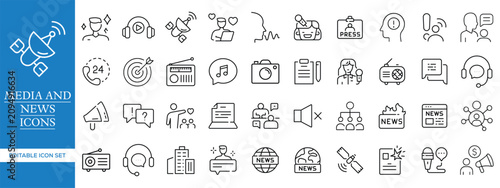 Cuadro en lienzo Media and News Line Icon Set with Live News, Journalism, Broadcasting, Podcast,