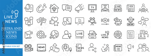 Fotografía Media and News Line Icon Set with Live News, Journalism, Broadcasting, Podcast,