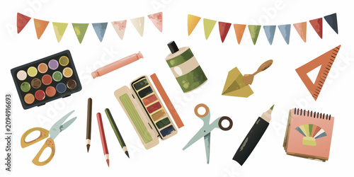 Watercolor Art Supplies Arrangement On A White Background