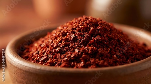 A pile of red spice powder in a wooden bowl on a warm kitchen table. Korean chili powder