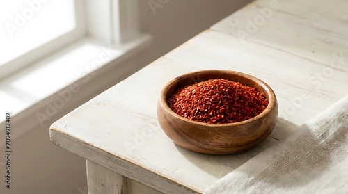 Wooden bowl filled with colorful aromatic spices on a bright table. Korean chili powder