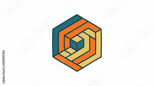 Isometric hexagonal abstract geometric pattern with orange and blue shapes.