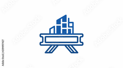 Minimalist blue icon of city buildings on a bridge structure.