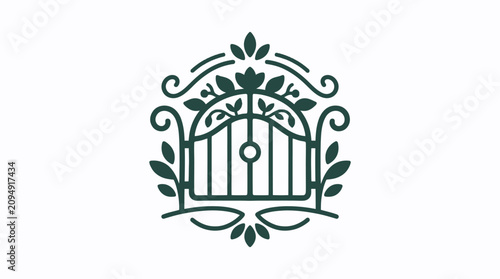 Minimalist garden gate logo with decorative foliage and elegant linear design.